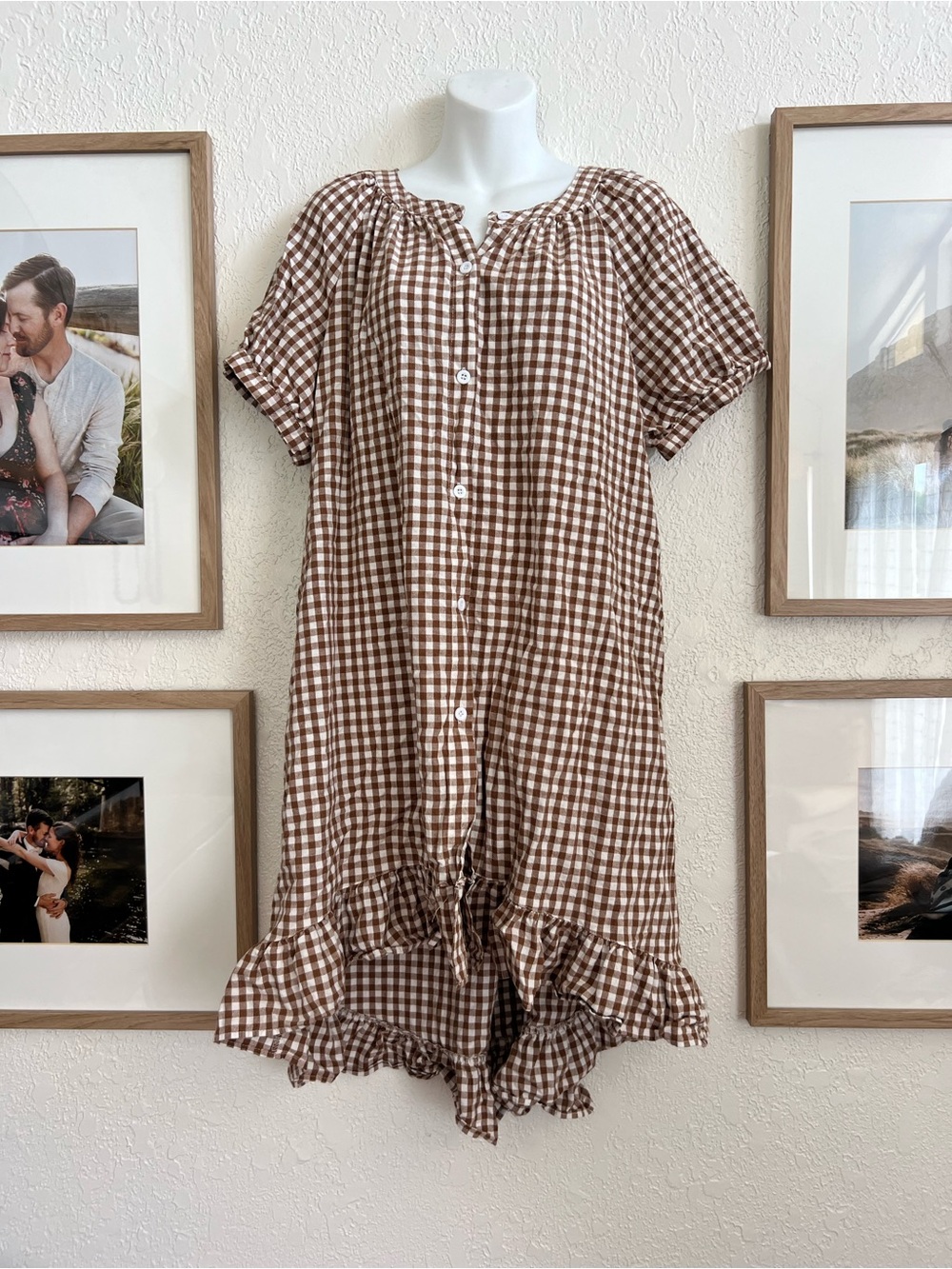Brown Gingham Button-Front Ruffle Hem Dress large